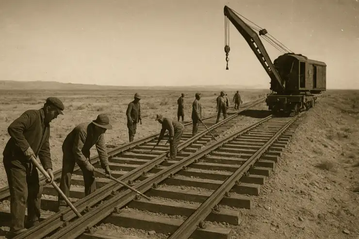 Строительство железной дороги в районе села Достык, граница РК и КНР. Фото сгенерировано ИИ