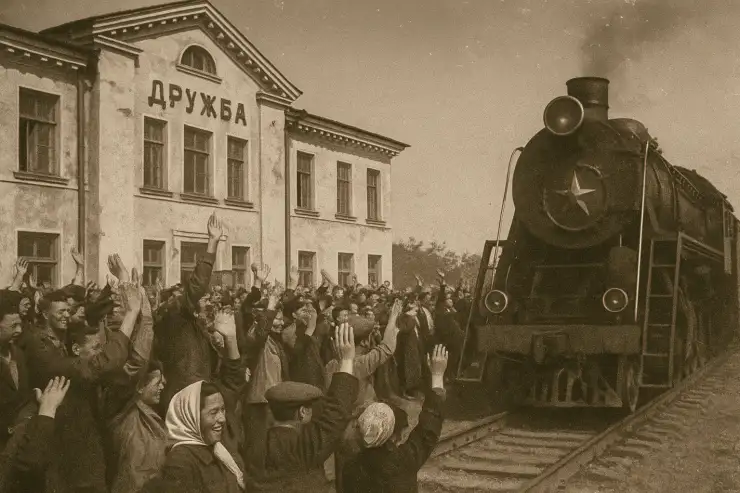 Люди встречают первый поезд в селе Дружба (старое название села Достык), граница Казахстана и Китая. Сгенерировано ИИ