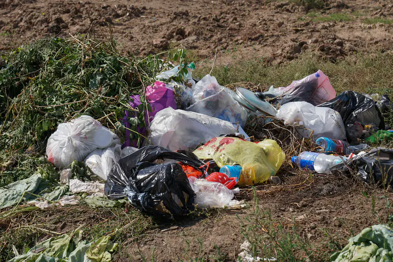 Мусор крупным планом на улице в дачном массиве, остров 