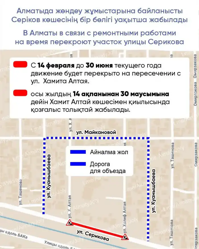 Участок улицы Серикова в Алматы перекрыт до конца июня из-за ремонтных работ Павлодаре