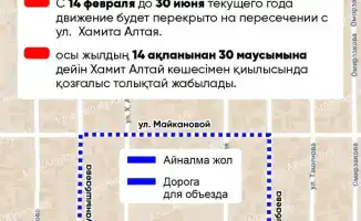 Участок улицы Серикова в Алматы перекрыт до конца июня из-за ремонтных работ