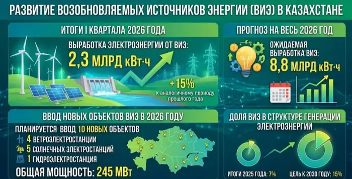 Казахстан увеличивает производство «зеленой» энергии на 15% в первом квартале 2026 года
