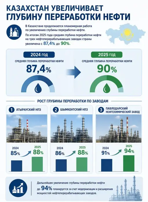Рост глубины переработки нефти в Казахстане до 90%: влияние на производство и экономику страны
