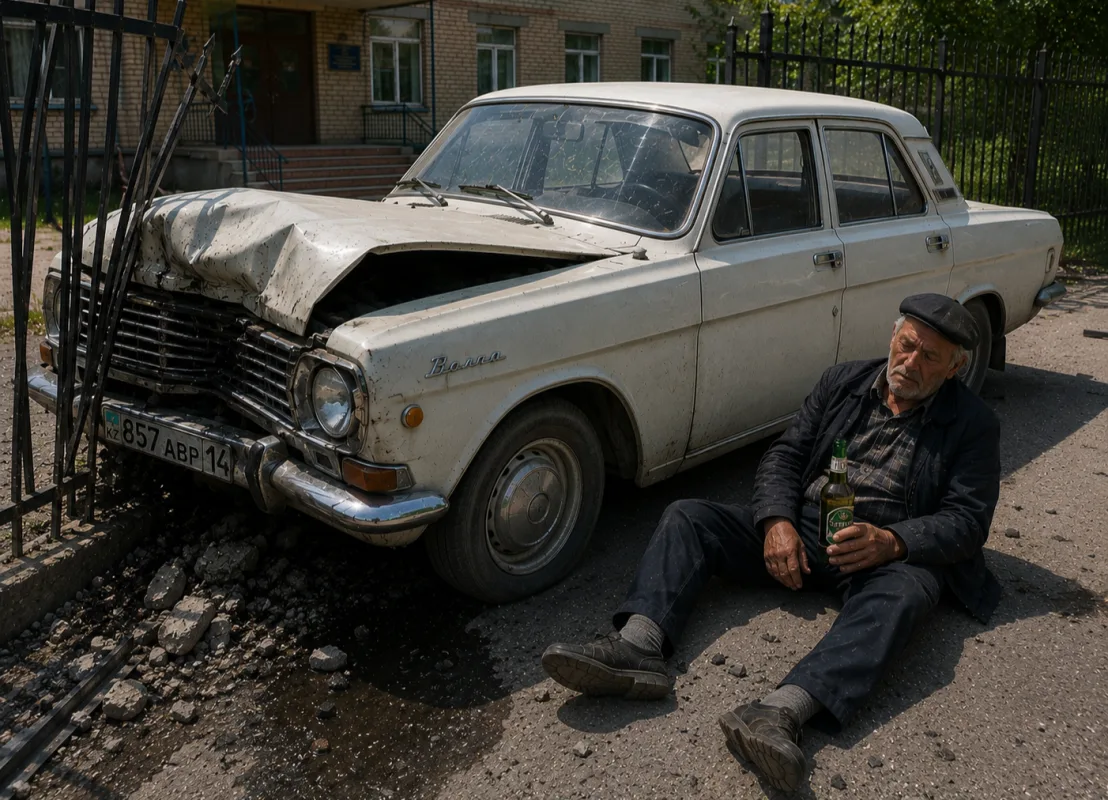 Drunken Pensioner in Kazakhstan Crashes 'Volga' into School Fence Павлодаре